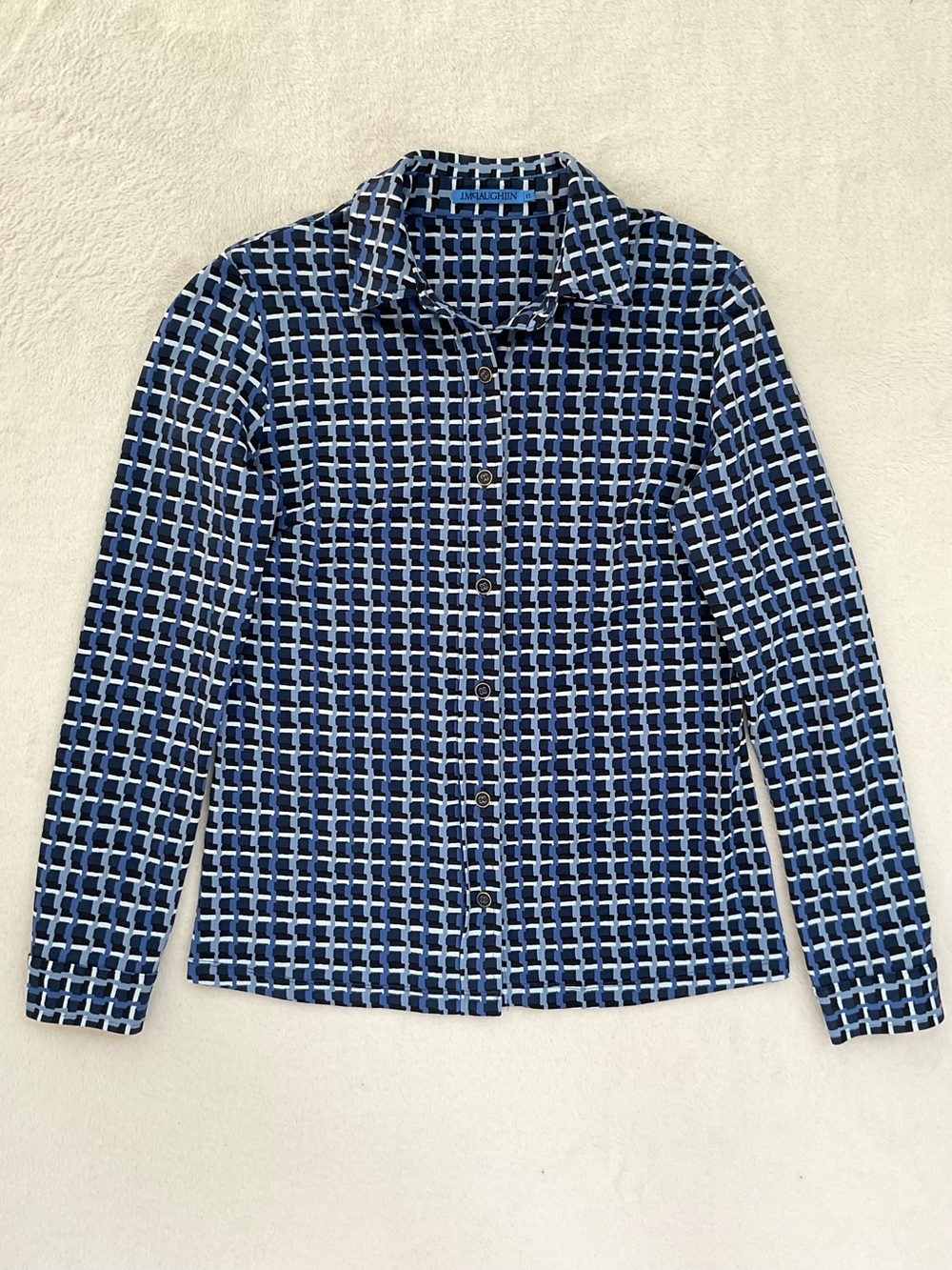 J McLaughlin Betty Shirt XS Marseille Geo Blue Catalina Cloth Button Front